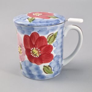 Japanische Teetasse aus Keramik mit Deckel und Filter, Blumenmuster, FURAWAZU