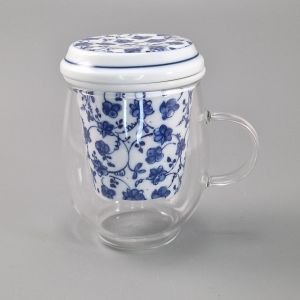 Taza de té japonesa de vidrio y cerámica con tapa, motivos azules y blancos, HANA