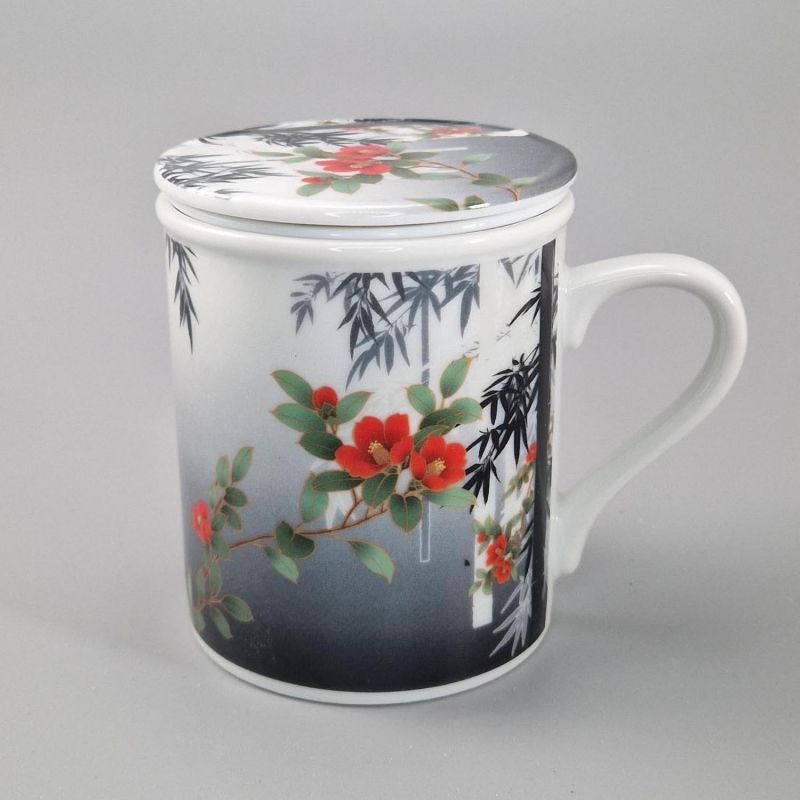 cup with lid bamboo and peony patterns white and grey SUMIE TAKE BOTAN