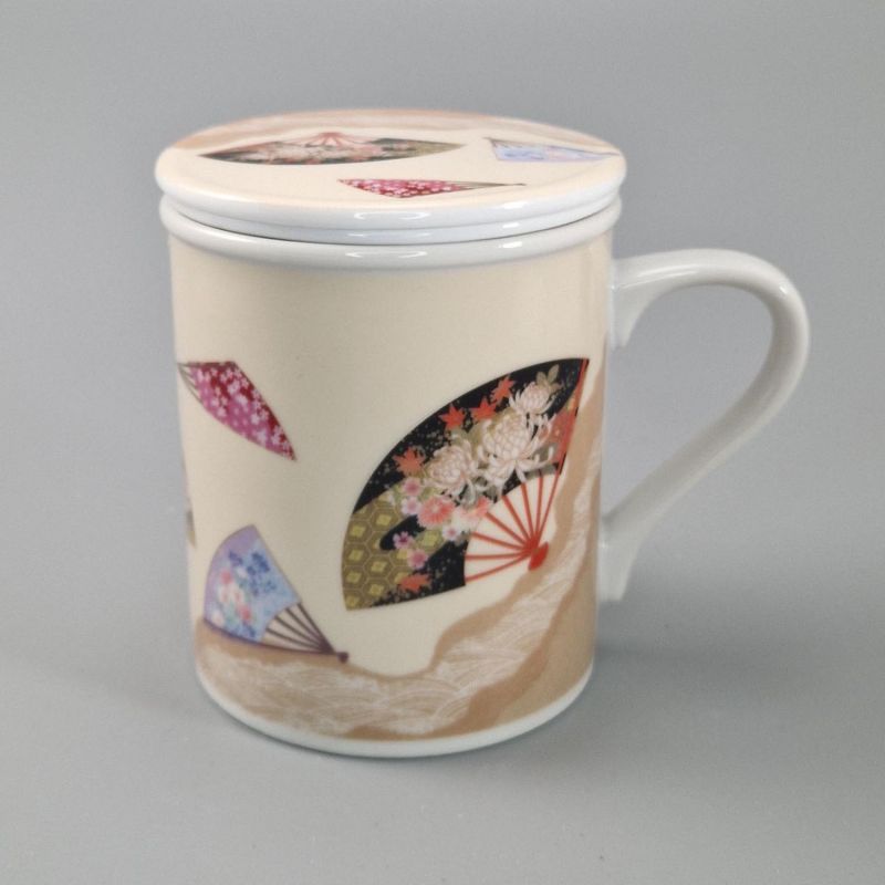 tasse traditionnelle japonaise avec couvercle et motifs éventails pliants ÔGI