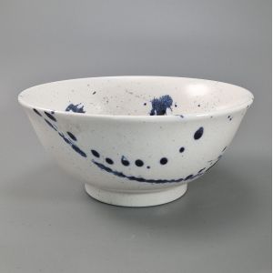 Bol à soupe japonais en céramique blanc et traits de pinceaux bleus - AOI SUPURASSHU - 15.5cm