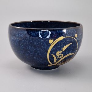 Japanische Keramik-Donburi-Schale, blaues, goldenes kreisförmiges Muster - KOGANE NO SHIZEN