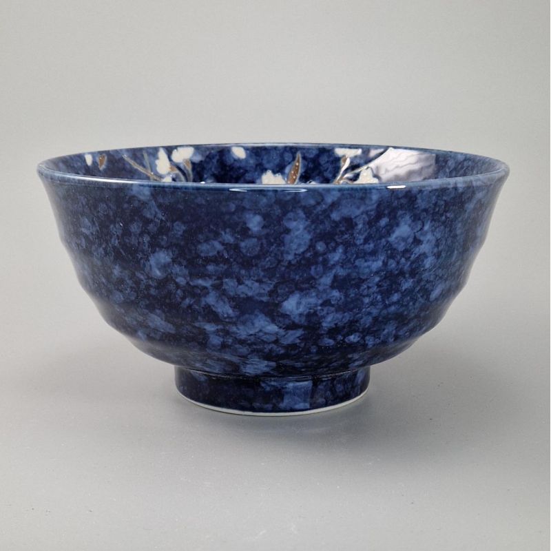 tazón azul de sopa japonés de cerámica, HIWA, flores