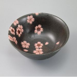 japanese black ramen bowl in ceramic, SAKURA, flowers