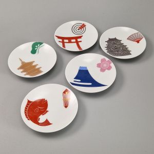 Set de 5 petites coupelles japonaises en céramique, illustrations traditionnelles - DENTO