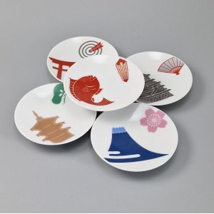 Set of 5 small Japanese ceramic cups, traditional illustrations - DENTO