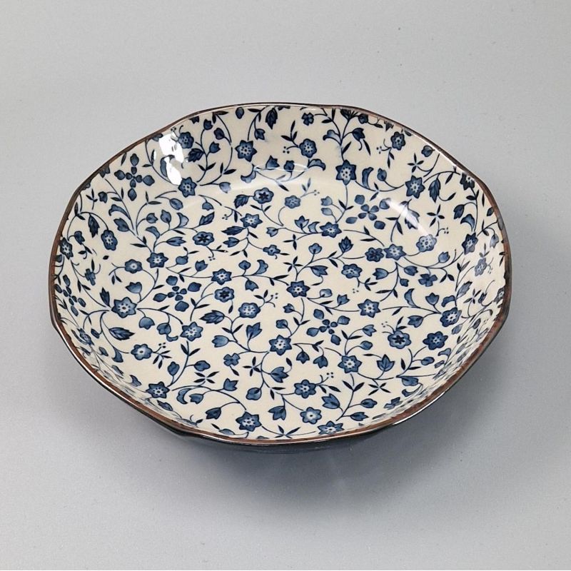 Small Japanese deep plate, KARAKUSA, blue and gray