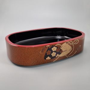 Oval black resin tray for sushi, HAMAGURI, flowers