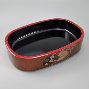 Oval black resin tray for sushi, HAMAGURI, flowers