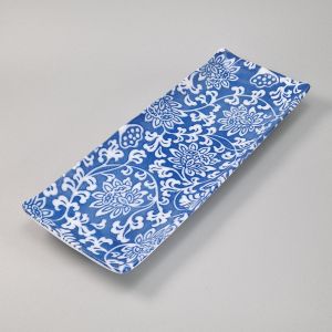 Assiette rectangulaire japonaise en céramique, bleu et fleurs blanches - HANA