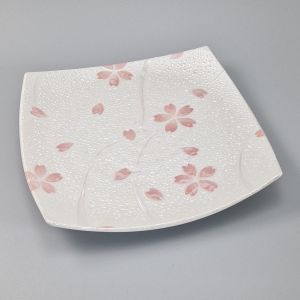 Japanese square ceramic plate, white with silver reflections - SHIRUBA SAKURA