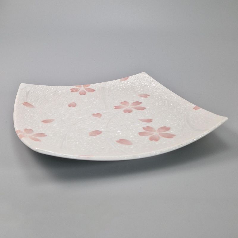 Japanese square ceramic plate, white with silver reflections - SHIRUBA SAKURA