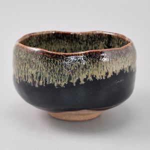 Ceramic bowl for tea ceremony, black, green infused paint - CHUNYU