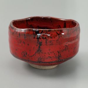 Ceramic bowl for tea ceremony, red and black, silver reflection - RANDAMU