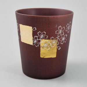 Japanese tea cup in dark natsume wood with gold and silver lacquered cherry blossom pattern, MAKIE SAKURA