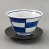 Japanese blue checkered ceramic cup and gray saucer