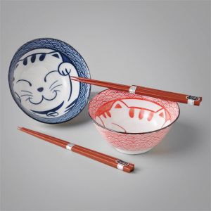 Japanese 2 ramen bowls set in ceramic with chopsticks MANEKINEKO red and blue