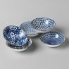 Set of 5 traditional Japanese bowls with blue and white flower patterns in SHIMITSU porcelain
