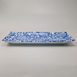 Japanese rectangular ceramic plate, blue and white flowers - HANA