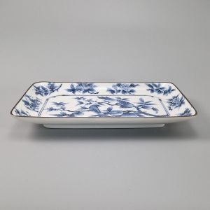 Assiette japonaise rectangulaire, blanc motifs oiseaux bleus, TORI