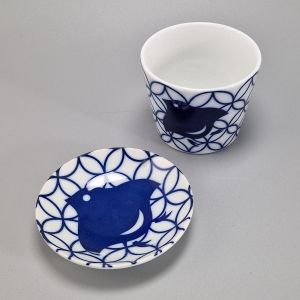 Ceramic tea cup with saucer, white and blue bird - AOI CHIDORI