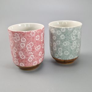 Duo de tasses à thé traditionnelles japonaises, KIKU, vert et rouge chrysanthèmes