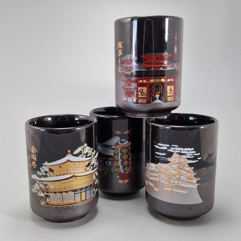 Juego de 4 tazas de cerámica japonesa, monumentos tradicionales - JAPAN