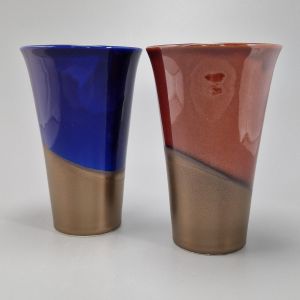 Duo of tall Japanese purple and red ceramic tea cups - DO