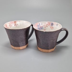 Duo of japanese terracotta mug, blue and pink sakura patterns, AO TO PINKU