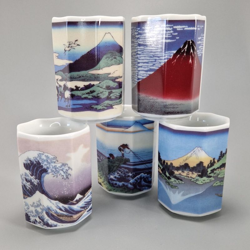 set de 5 tasses à thé octogonales traditionnelles japonaises 5 images différentes mont fuji FUJI-GARA