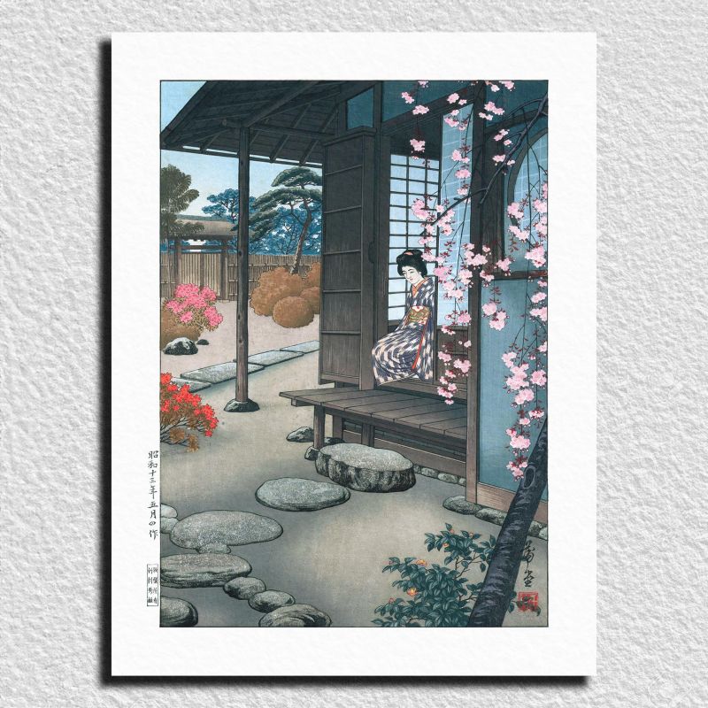 Reproduktion des Drucks von Hodo Nishimura, Bijin in einem Engawa-Garten im Frühling