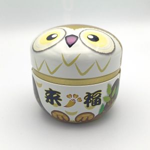 Boîte à thé japonaise marron en métal motif hibou, Furuko, 150gr