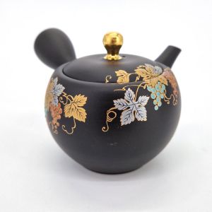 Japanese kyusu teapot in black tokoname clay with grape pattern, Budō, 270 cl