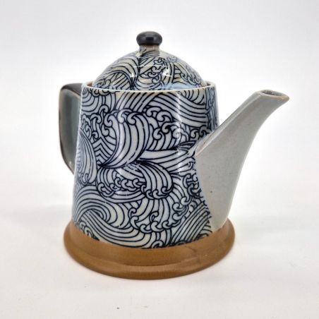 Japanese ceramic tea with handle, blue and gray - vagues NAMI, 450 cc