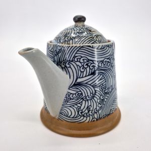 Japanese ceramic tea with handle, blue and gray - vagues NAMI, 450 cc