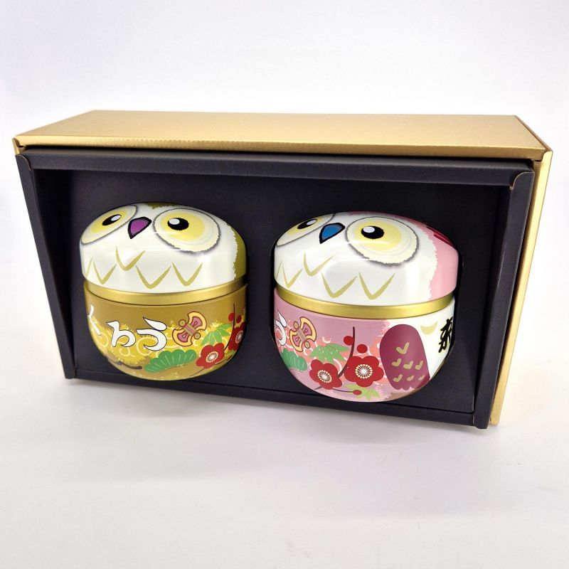 Duo de boîtes à thé japonaises ronde marron et rose, FURUKO, 150gr