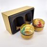 Duo of round Japanese tea boxes, red and green, SUZUKO HANAFUBUKI, 150gr