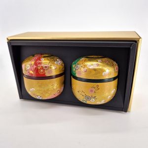 Duo aus runden japanischen Teedosen, rot und grün, SUZUKO HANAFUBUKI, 150gr