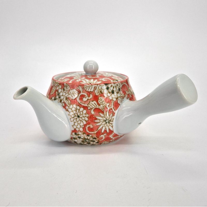 Japanische Kyusu-Teekanne aus Keramik, weiß mit rosa Blumen, PINKU NO HANA