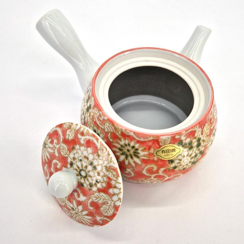 Teiera in ceramica giapponese kyusu, bianca con fiori rosa, PINKU NO HANA