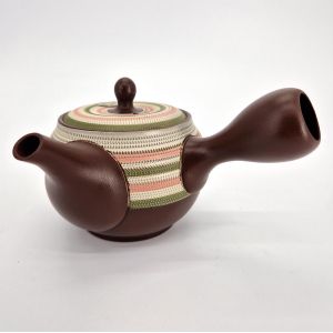 Théière kyusu japonaise tokoname marron motifs lignes rose et verte,SUTORAIPO, 350 cc