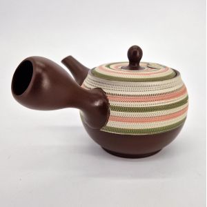 Japanische Kyusu-Teekanne Tokoname braun mit rosa und grünen Linienmustern, SUTORAIPO, 350 cc