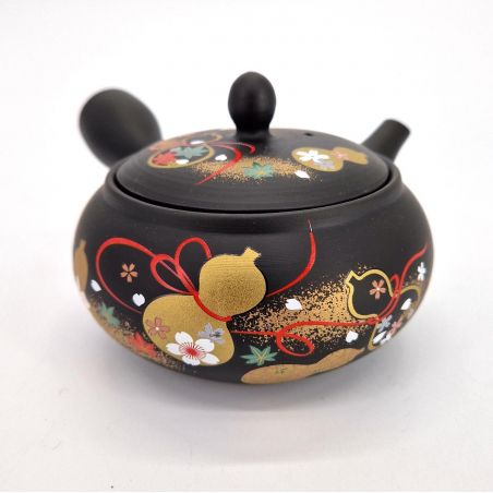 Japanische Kyusu-Teekanne aus schwarzem Tokoname-Ton mit Kürbismuster, HYOTA, 33 cl