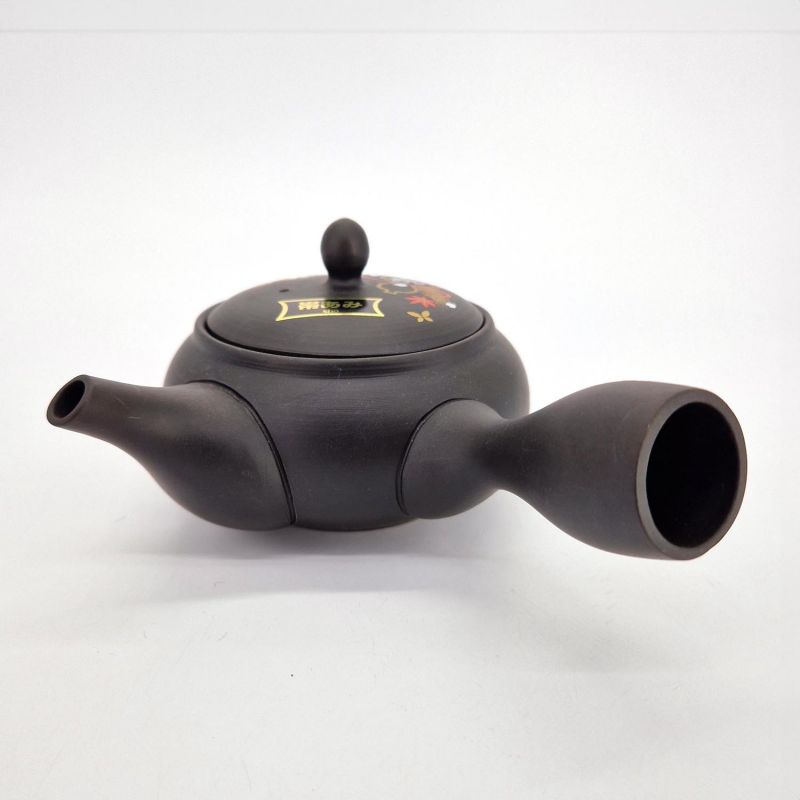 Japanese kyusu teapot in black tokoname clay with gourd pattern, HYOTAN, 33 cl