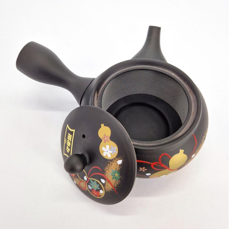 Japanese kyusu teapot in black tokoname clay with gourd pattern, HYOTAN, 33 cl