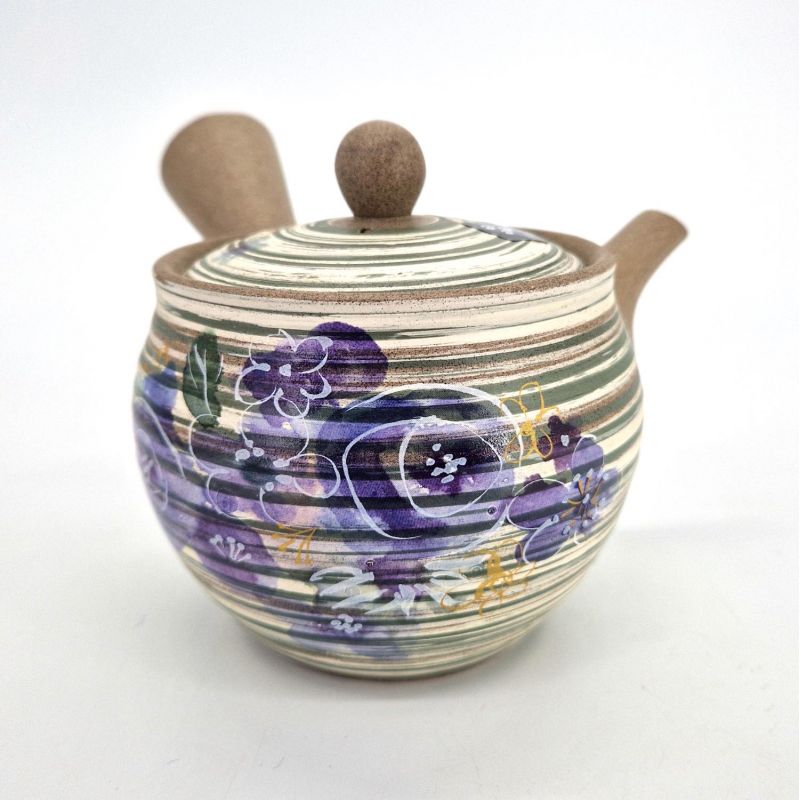 Japanese kyusu teapot in gray earthenware with purple flower pattern, Murasaki no hana, 420 cc