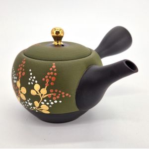 Japanese kyusu teapot in black and green tokoname clay with fern pattern, SHIDA, 320 cc