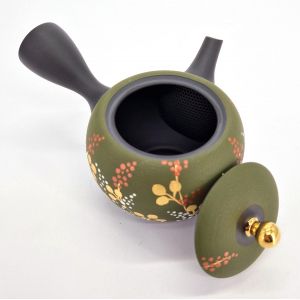 Japanese kyusu teapot in black and green tokoname clay with fern pattern, SHIDA, 320 cc