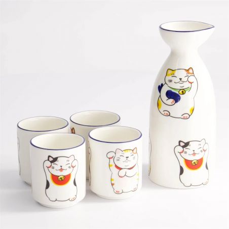 Servizio da saké una bottiglia e 4 tazze, MANEKINEKO