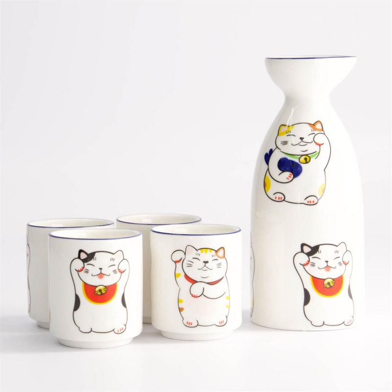 Sake-Set eine Flasche und 4 Tassen, MANEKINEKO